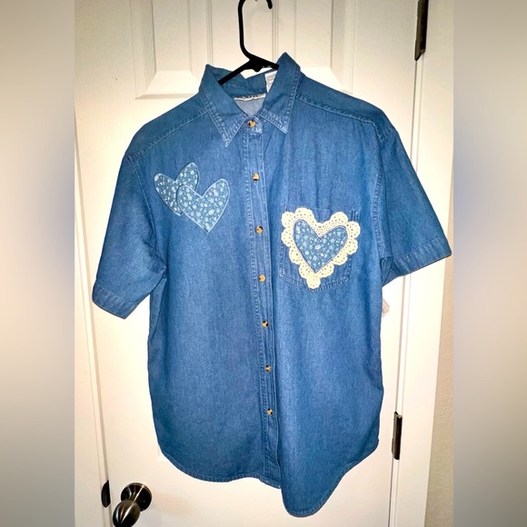 Vintage Heart Patch Cottagecore Denim Button Up Country Grandma Shirt - Picture 2 of 6